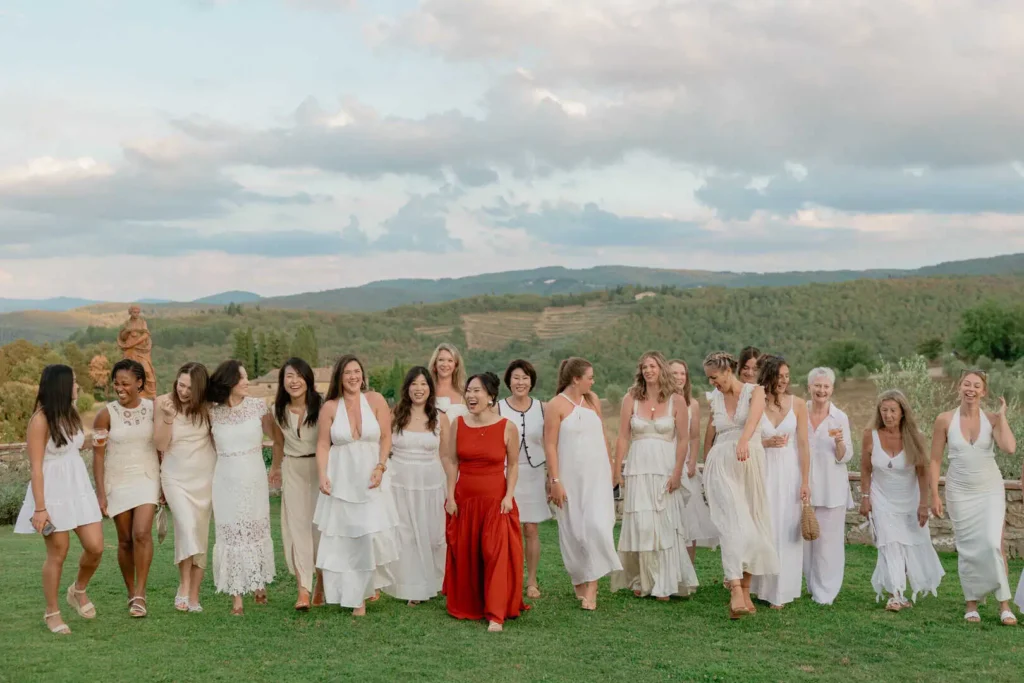 White party with bride dressed in red